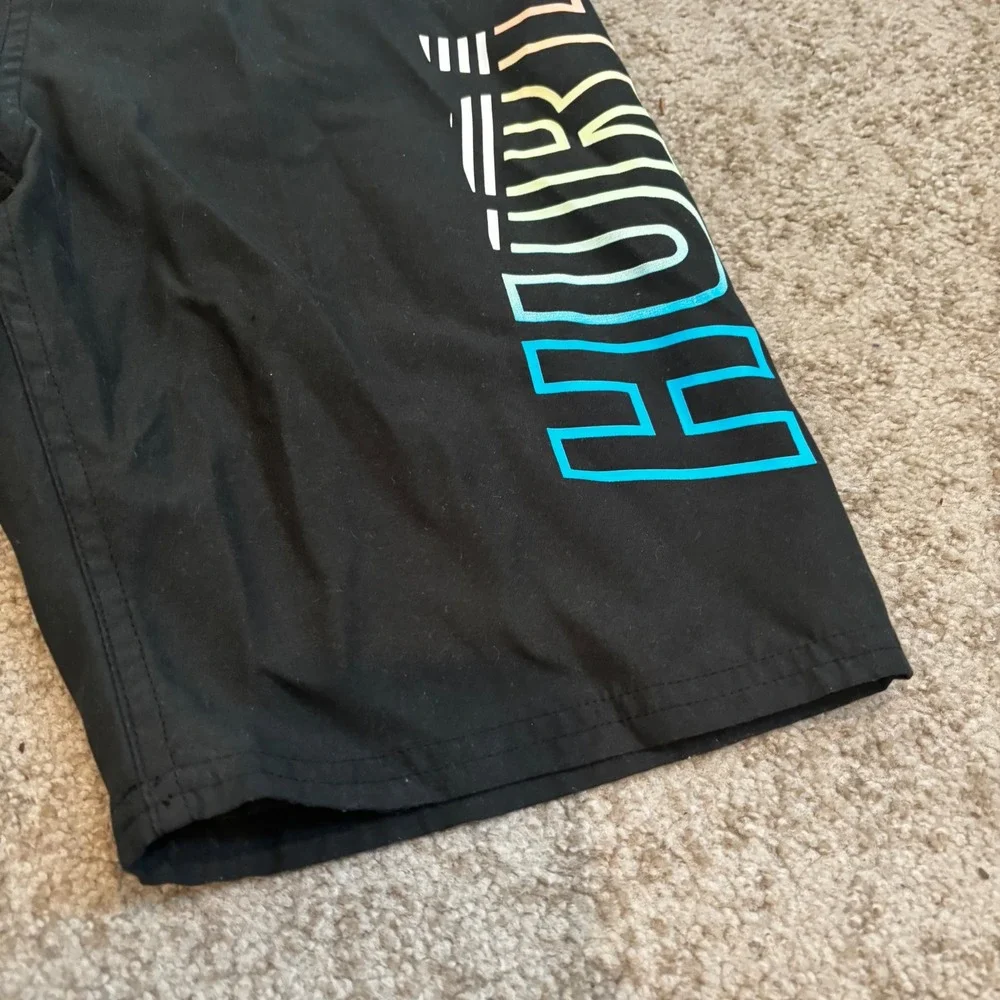 Hurley Boys Black Board Shorts Multicolor Logo‎ Swim Trunks Size L 12-13 YRS